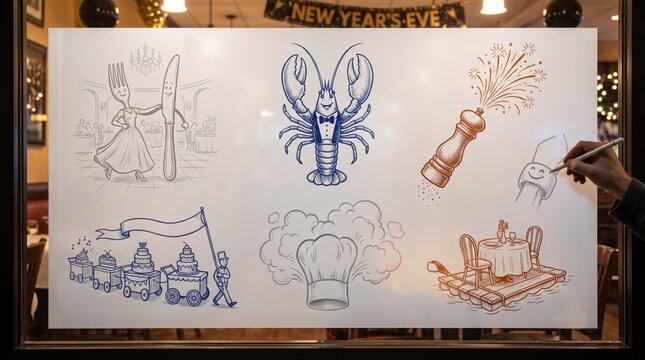 Hands interacting with icons of dancing cutlery, tuxedo lobsters, pepper mills, cake trolleys, chef hats and raft dining tables, fine dining and gourmet dinner for New Year's Eve