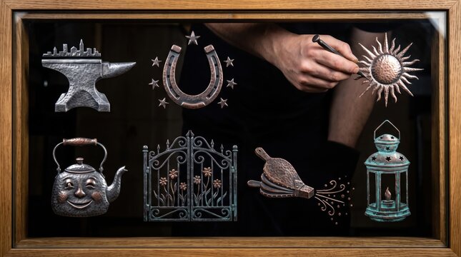 Hands interacting with icons of anvils, horseshoes, suns, teapots, decorative gates, bellows and lanterns, traditional blacksmith craftsmanship and lucky horseshoes for New Year's Eve