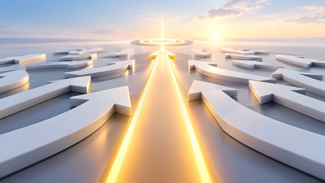 White arrows converging on a glowing target in the distance at sunrise, representing goal setting and unified business strategy for corporate success