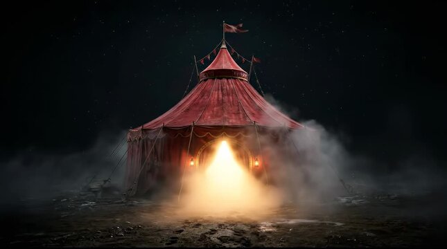 Vibrant Deep Red Circus Tent Standing Centered in a Mysterious Foggy Night with Glowing Entrance