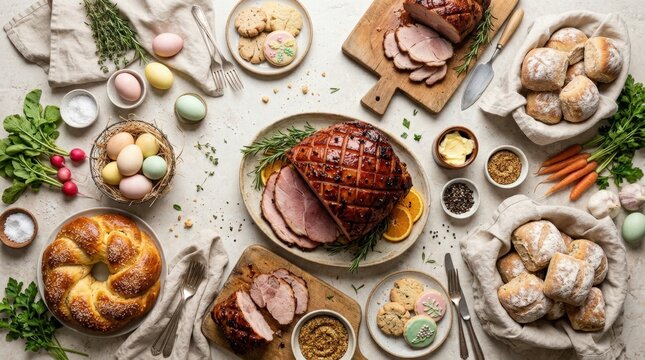 Traditional family holiday dinner ingredients arranged on a pale stone tabletop, overhead festive food photography featuring glazed roast ham, sliced meat, rustic rolls, sweet baked bread, decorated