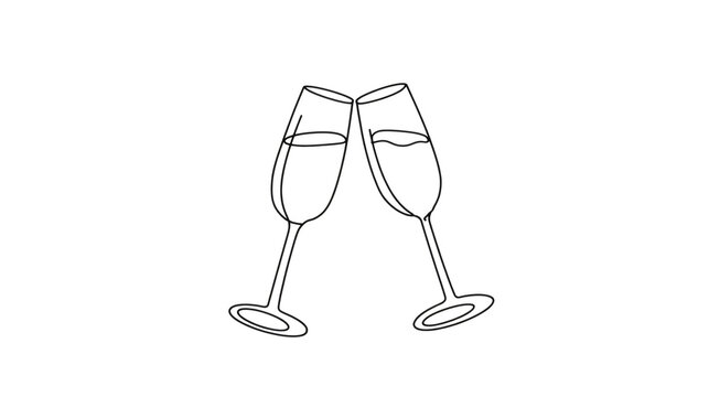  line art illustration of two champagne glasses clinking in a toast, thin stroke style