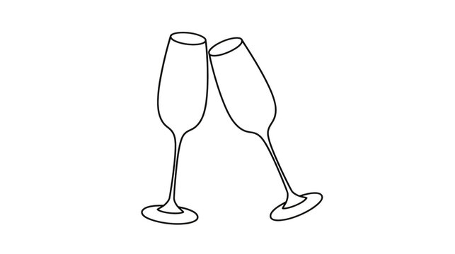 line art illustration of two champagne glasses clinking in a toast, thin stroke style