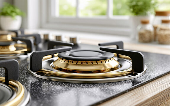 Close up of modern stainless steel gas cooker with brass burners. Metal stove top in bright domestic kitchen. Clean cooking appliance surface with black iron grates.