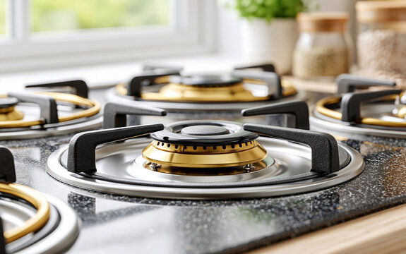Close up of modern stainless steel gas cooker with brass burners. Metal stove top in bright domestic kitchen. Clean cooking appliance surface with black iron grates.