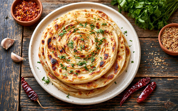 Crispy layered paratha served on white plate. Flaky Indian flatbread lies on rustic wooden table with spices, garlic, chili, fresh herbs.