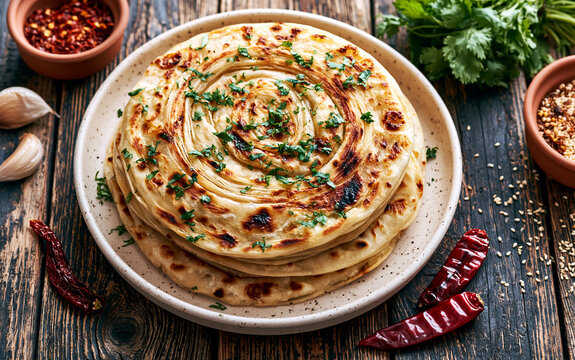 Crispy layered paratha served on white plate. Flaky Indian flatbread lies on rustic wooden table with spices, garlic, chili, fresh herbs.