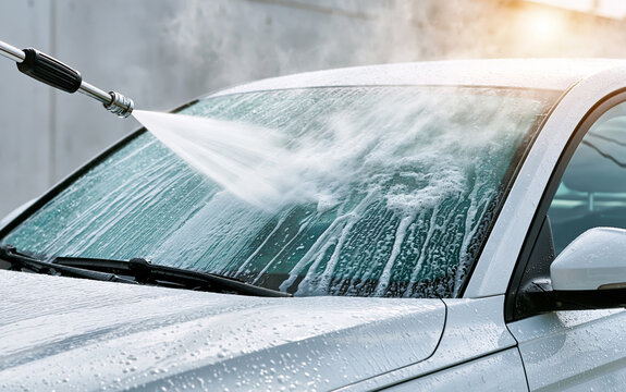 Worker uses high pressure washer to clean car windshield. Strong water spray hits glass surface of silver automobile.
