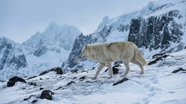 Arctic wolf with thick white fur walking across a rugged snow-covered mountain landscape, cinematic wildlife photography, powerful animal captured in natural side profile, jagged icy mountain peaks