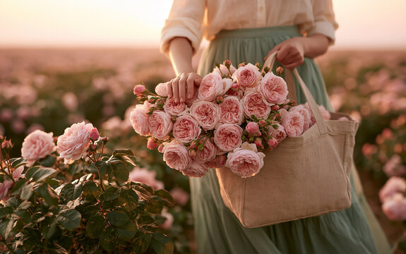 Woman carries heavy linen bag full of fresh pink roses in flower field. Farmer gathers blooming garden flowers at sunrise.