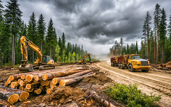 Heavy machinery works at forest construction site. Yellow excavator moves dirt near pile of timber logs. Large logging truck carries wood on dirt road through evergreen trees.