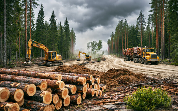 Heavy machinery works at forest construction site. Yellow excavator moves dirt near pile of timber logs. Large logging truck carries wood on dirt road through evergreen trees.
