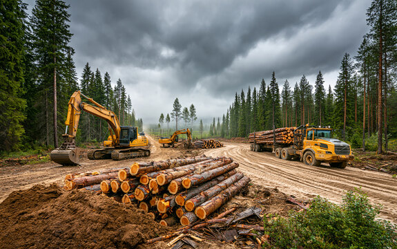 Heavy machinery works at forest construction site. Yellow excavator moves dirt near pile of timber logs. Large logging truck carries wood on dirt road through evergreen trees.