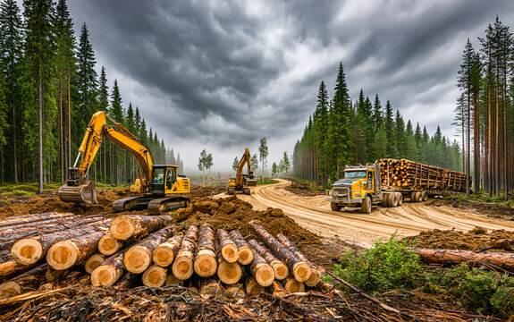 Heavy machinery works at forest construction site. Yellow excavator moves dirt near pile of timber logs. Large logging truck carries wood on dirt road through evergreen trees.