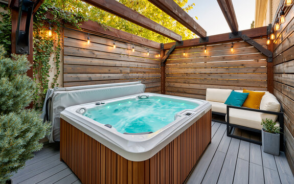 Modern backyard spa area with wooden pergola, hot tub on grey deck. Luxury outdoor lounge with teal, yellow pillows.