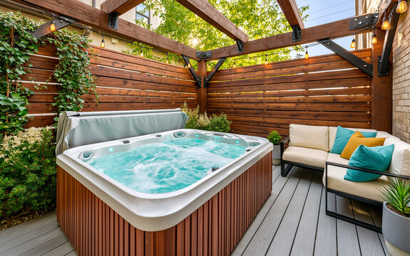 Modern backyard spa area with wooden pergola, hot tub on grey deck. Luxury outdoor lounge with teal, yellow pillows.