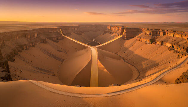 Aerial view of desert canyon shaped like hourglass with flowing golden sand