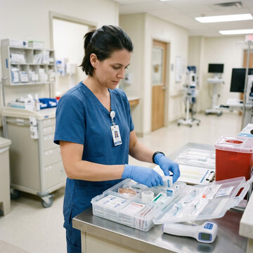 Nurse Preparing Medical Supplies in Hospital Room