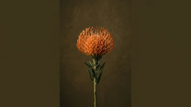 Single tall orange pincushion protea bloom rising vertically against a warm dark olive-brown background, minimalist botanical studio photography, thin green stem and rounded fiery-orange flower head