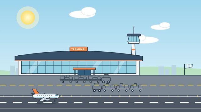 Cartoon airport terminal scene with pixel art airplanes taking off