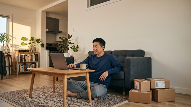 Asian man working on laptop computer while sitting on floor in modern living room with packages nearby