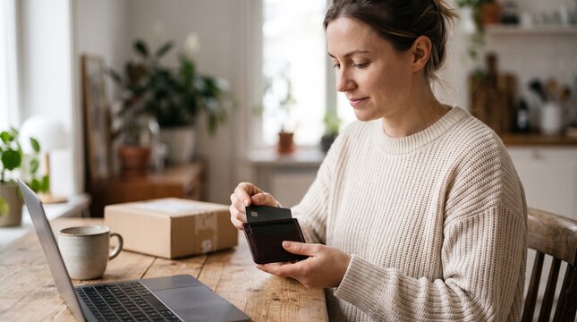 Woman holding credit card for online shopping with laptop and package on wooden table