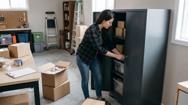 Woman organizing packages in a storage cabinet in a workshop or garage setting