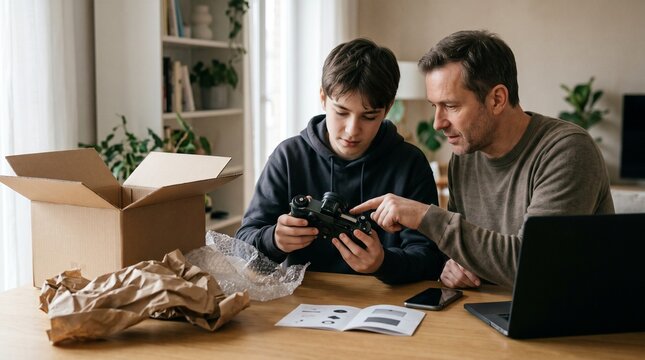 Father and son unboxing a new camera together at home, learning how to use it