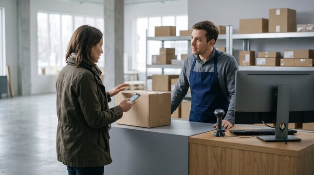 Customer uses smartphone to scan package at shipping counter with employee wearing apron and shelves of boxes in background