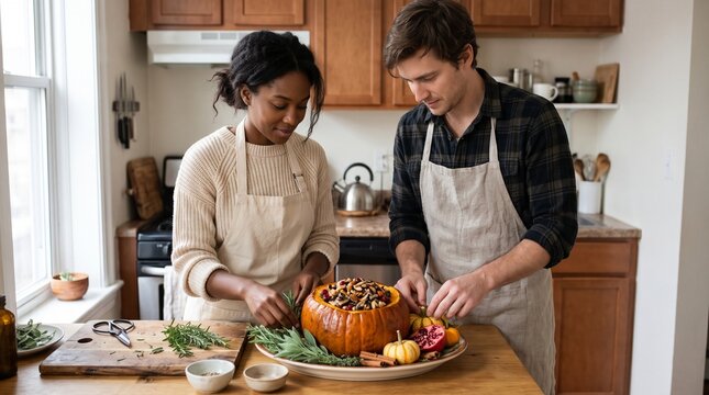 Couple preparing a stuffed pumpkin dish in a cozy kitchen setting for a festive meal