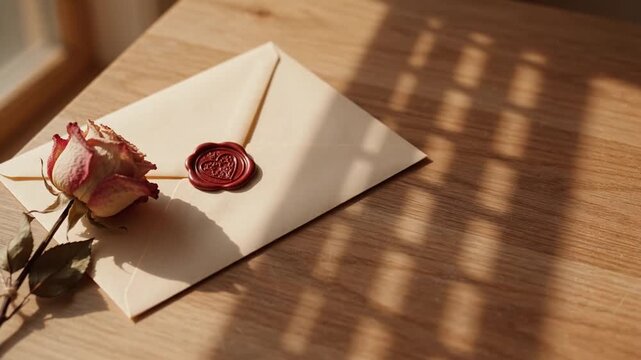 Envelope with red wax seal on wooden table copy space