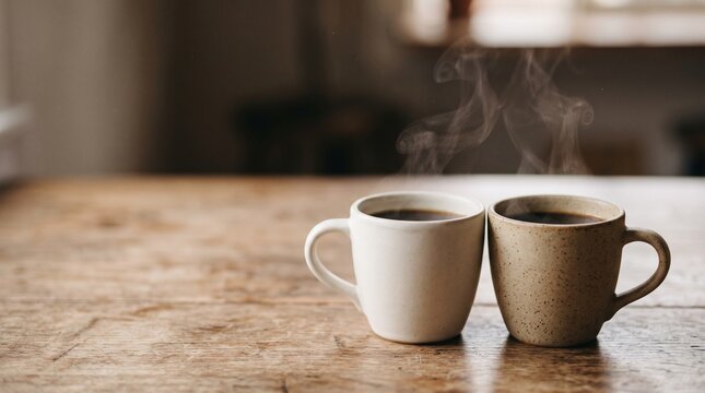 Two ceramic mugs of hot steaming coffee on rustic wooden table
