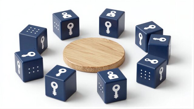 Blue cubes with key symbols surround a wooden circle, symbolizing security or access.