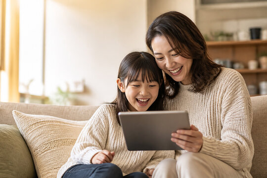 ソファでタブレットを見て笑う母親と娘