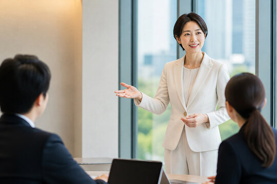 会議で手を差し出して説明する女性