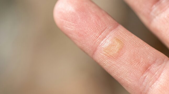 Macro close up of human finger with painful friction blister and callus