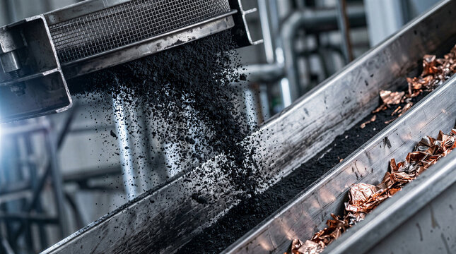 Fine black mass powder made of recycled lithium, cobalt and graphite falling from a vibrating sieve onto a stainless steel collection chute in a battery recycling plant, concept of circular economy