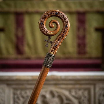 Ornate Wooden Bishops Crozier Staff with Intricate Carvings and Cross Detail Church Interior Background