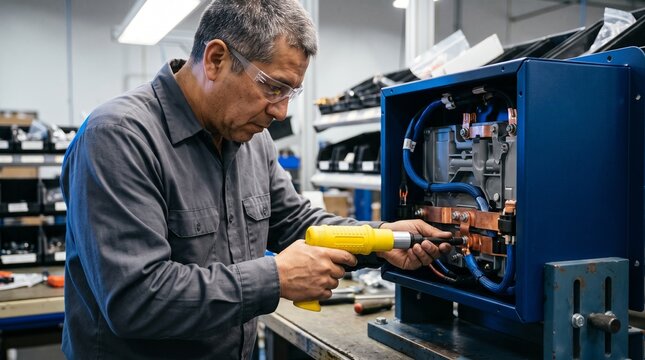 Technician reconnects a battery module with insulated tools
