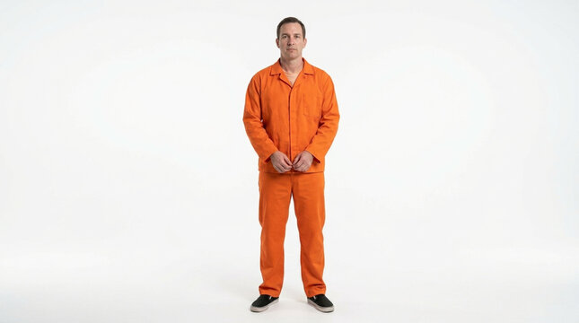 Man in orange jumpsuit standing against white background isolated criminal prisoner uniform incarceration law justice penalty confinement solitary