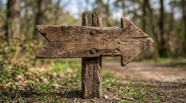 Rustic wooden arrow signpost in forest pointing right guiding path wayfinding outdoor nature trail