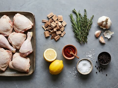 Raw chicken pieces with fresh rosemary garlic lemon and spices on a flat grey stone surface. smoked chicken recipe