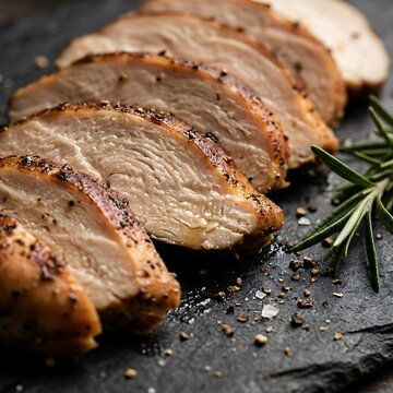 Slices of cooked beef steak with fresh rosemary on a black stone serving plate. smoked chicken recipe