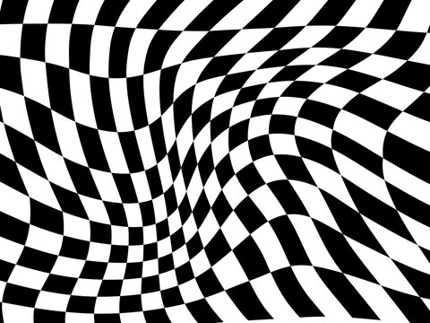 Warped checkerboard pattern with black and white distorted squares design. Abstract optical illusion background features wavy checkered texture. Perfect for posters, banners, web design.