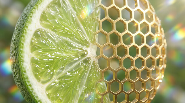 Extreme macro green lime pulp vesicles merging with 3D brushed gold hexagonal honeycomb grid