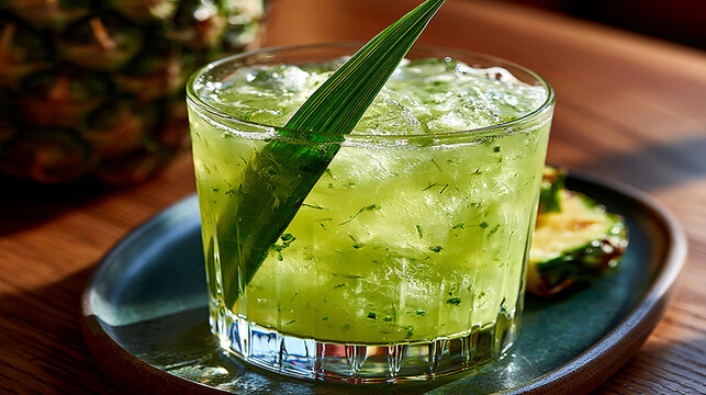 Refreshing green tropical cocktail garnished with a fresh pineapple leaf