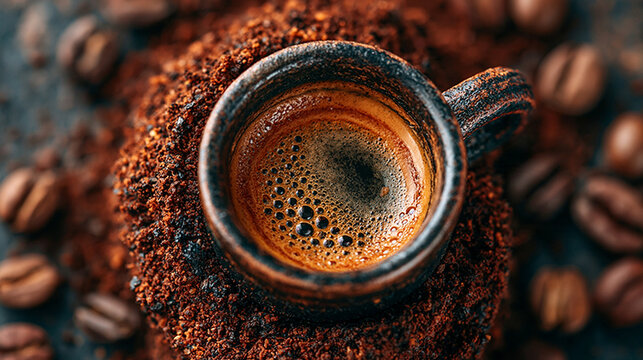 A single espresso cup resting atop a mound of ground coffee beans with still life