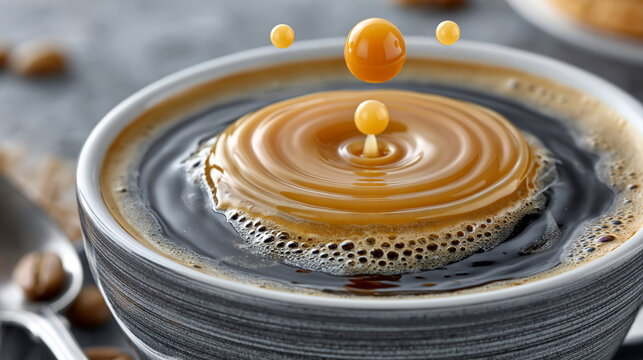 Fresh espresso pouring into a ceramic cup creating ripples and liquid crown