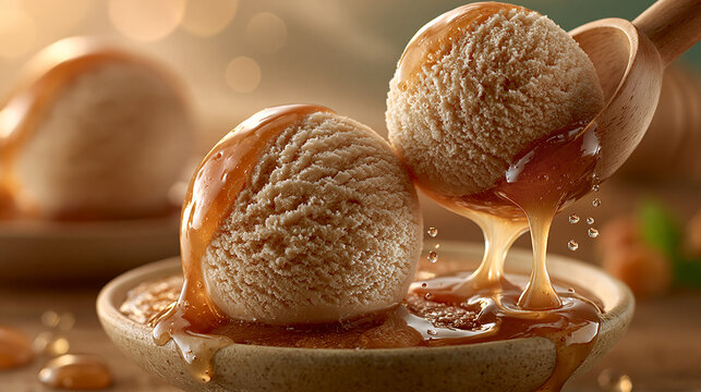 Two scoops of salted caramel ice cream with golden syrup drizzle in small bowl
