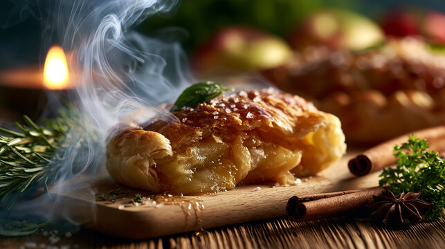 Freshly baked pastry with cinnamon sticks on a wooden board